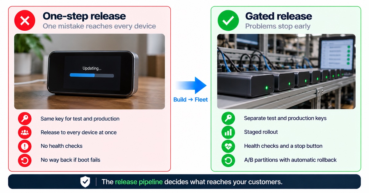 Infographic: a one-step firmware release versus a gated release with separate signing keys, staged rollout, health checks and automatic rollback