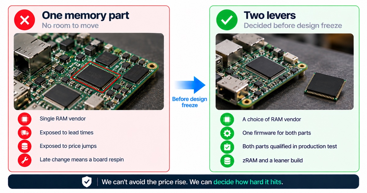 Infographic: a board with a single RAM part versus two levers decided before design freeze: a choice of RAM vendor and zRAM with a leaner build