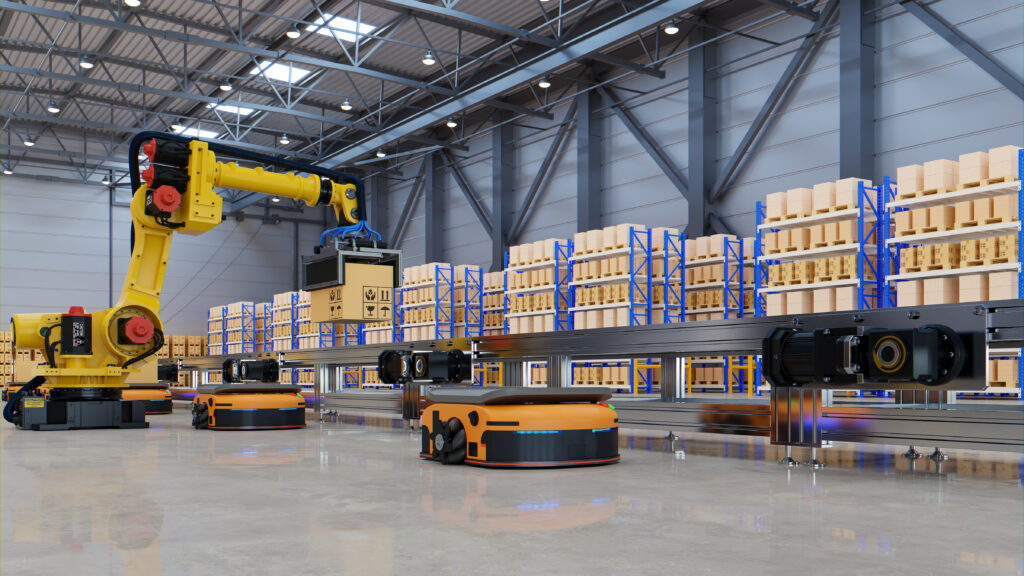 Factory Automation with Automated Guided Vehicles and roboti