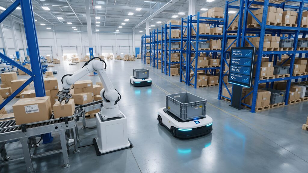 Robotic Arm and Autonomous Mobile Robots in Warehouse