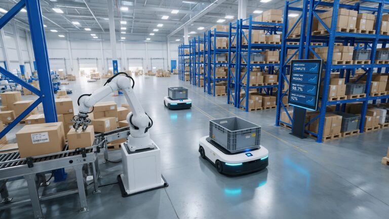 Robotic Arm and Autonomous Mobile Robots in Warehouse