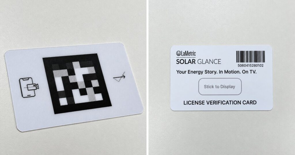 AprilTag marker card and LaMetric Solar Glance licence card used for camera-based recognition