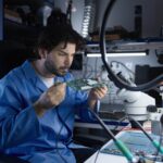 Engineer analysing a circuit board in a lab