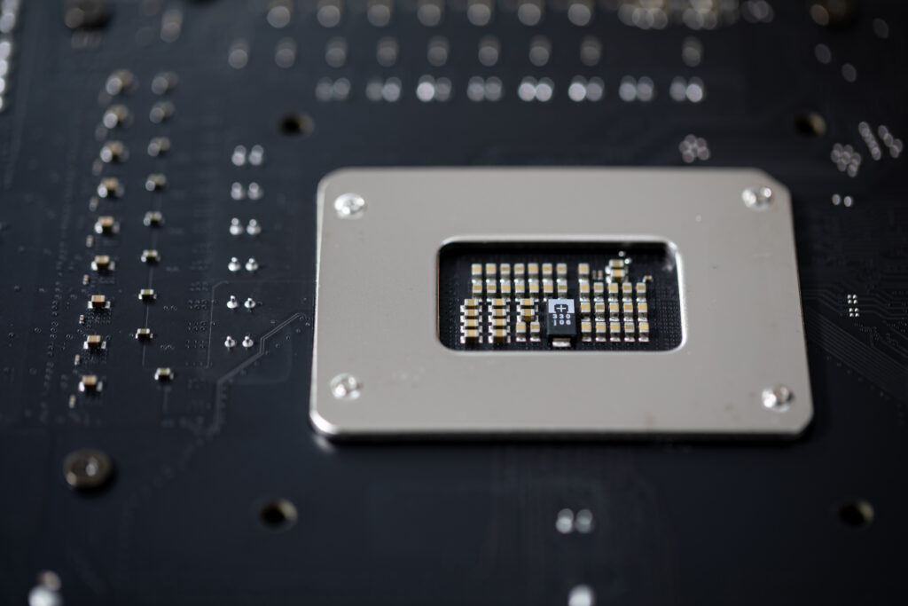 Detailed closeup of a computer processor mounted on a circui