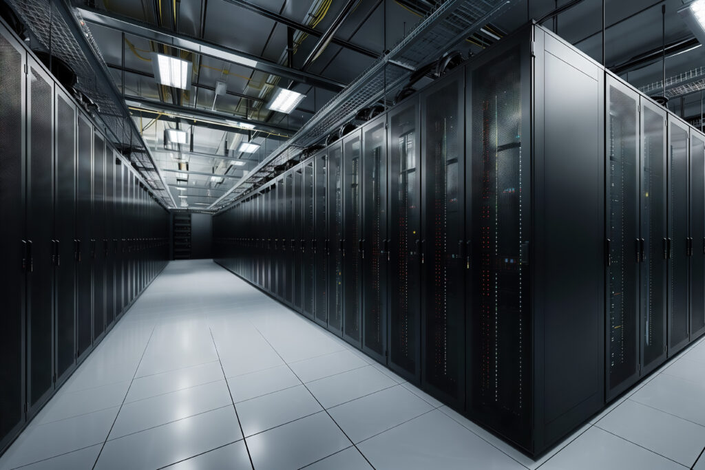Modern Data Technology Center Server Racks in Dark Space
