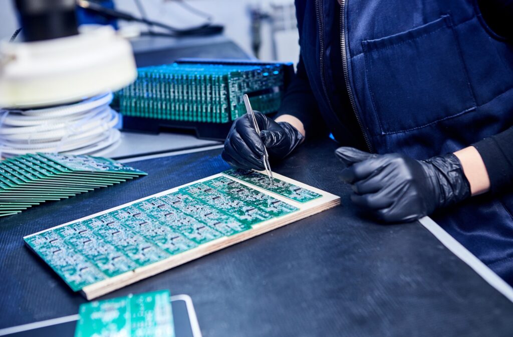 Engineer working on printed circuit board panels in an electronics lab