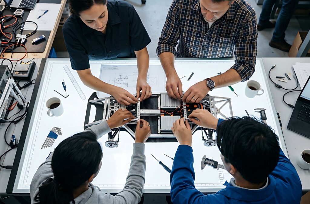 Engineers assembling a robotic hardware prototype on a lab bench