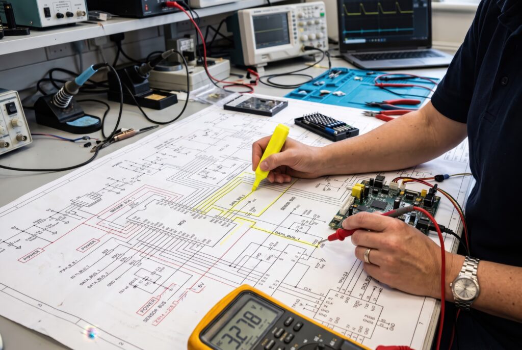 Engineer marking up a circuit schematic next to a development board, multimeter and oscilloscope