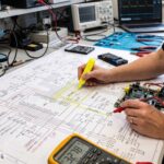 Engineer marking up a circuit schematic next to a development board, multimeter and oscilloscope