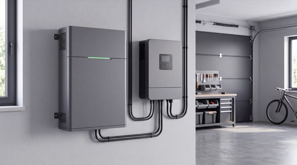 Home energy storage battery and inverter in a garage