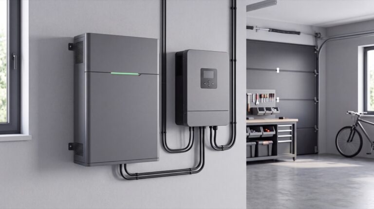 Home energy storage battery and inverter in a garage