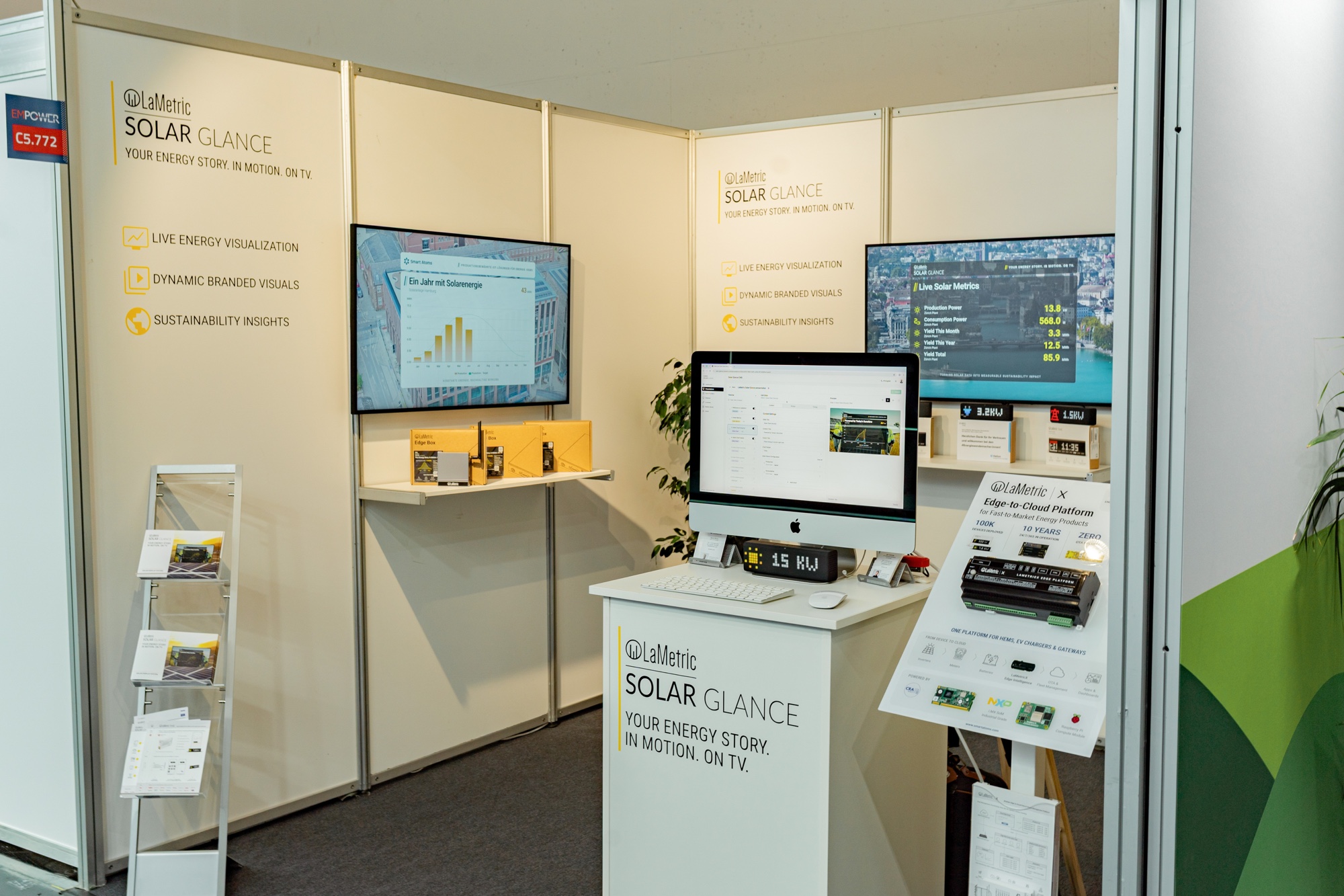 Smart Atoms booth at Intersolar Europe 2026 with LaMetric Solar Glance displays and the Energy Gateway