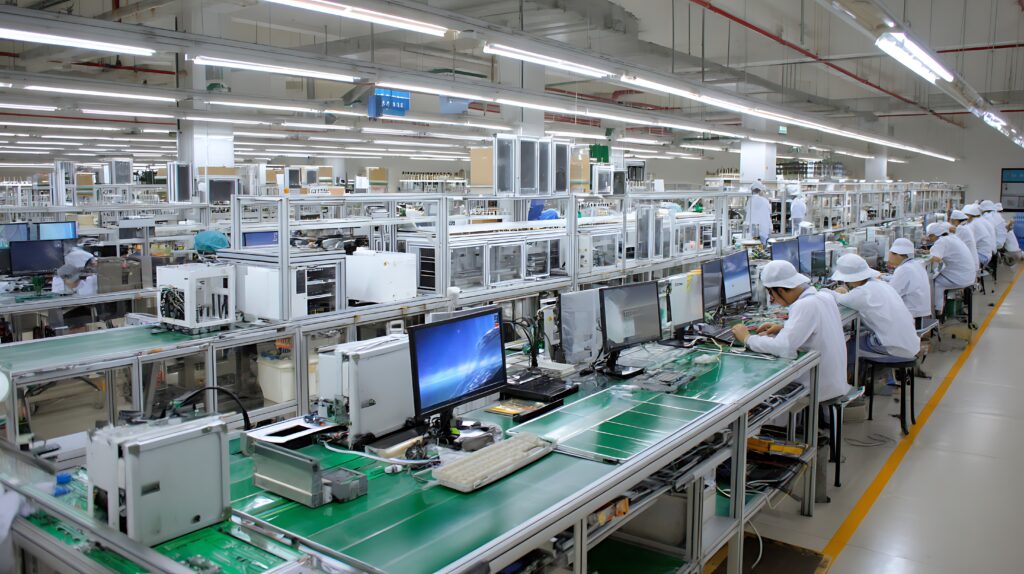 Workers Assembling Electronic Components on Factory Assembly