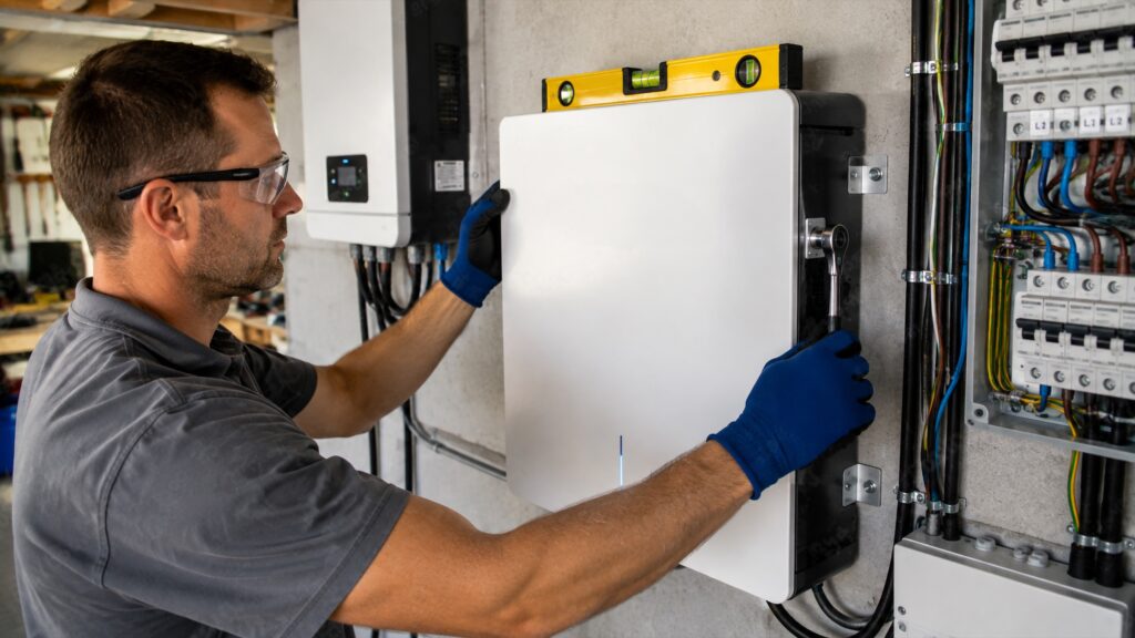 Technician installing a solar inverter on a wall
