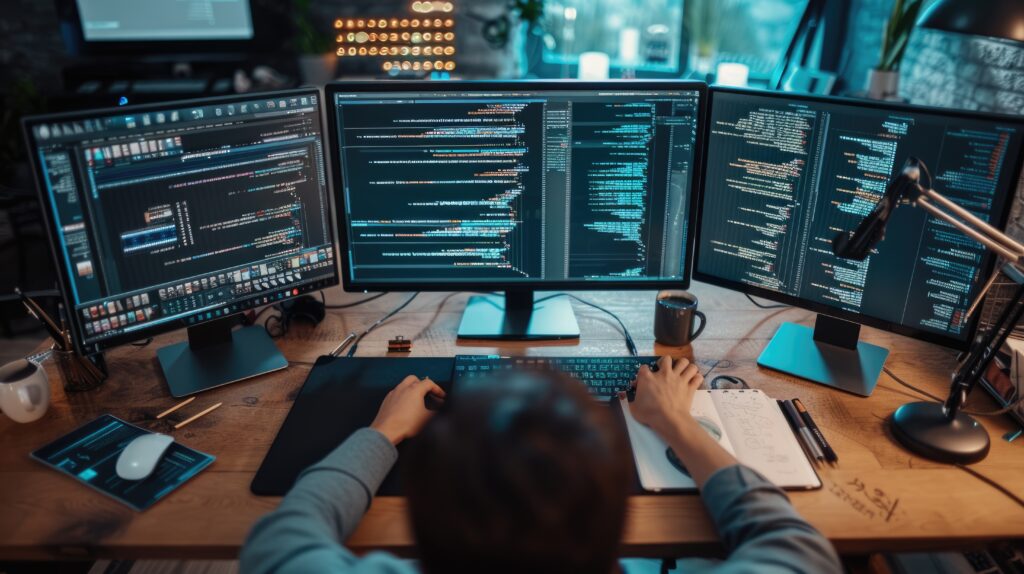 Software Developer Working on Code in Dual Monitor Setup AIG